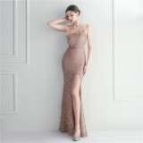 Women Slash Shoulder Sequined Dinner Party Maxi Evening Dress
