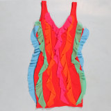 Women Contrasting Ruffles Line Irregular Mini Dress