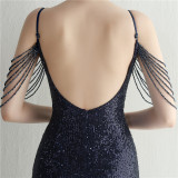 Women Straps Beaded Sequined Strap Sexy Evening Dress