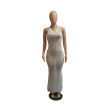 Women Sexy Open Mesh Backless Solid Lace-Up Maxi Dress