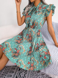Women Floral Tie Pleated Skirt