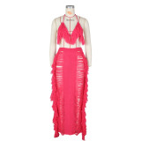 Summer Women sexy tassel knitting beach dress two-piece set