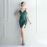 Women Straps Beaded Sequined Strap Sexy Evening Dress