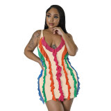 Women Contrasting Ruffles Line Irregular Mini Dress