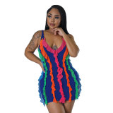 Women Contrasting Ruffles Line Irregular Mini Dress