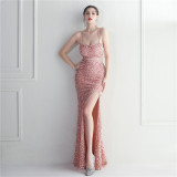 Women Sequined Halter Neck Halter Formal Party Maxi Mermaid Evening Dress