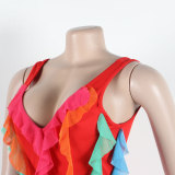 Women Contrasting Ruffles Line Irregular Mini Dress