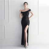Women Sequined Off Shoulder Slit Formal Party Evening Dress