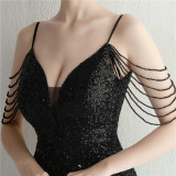 Women Straps Beaded Sequined Strap Sexy Evening Dress