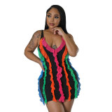 Women Contrasting Ruffles Line Irregular Mini Dress