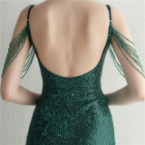 Women Straps Beaded Sequined Strap Sexy Evening Dress