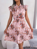 Women Floral Tie Pleated Skirt