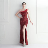 Women Slash Shoulder Sequined Dinner Party Maxi Evening Dress