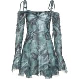 Women Summer Sexy Off Shoulder Bell Bottom Sleeve Print Strap Dress