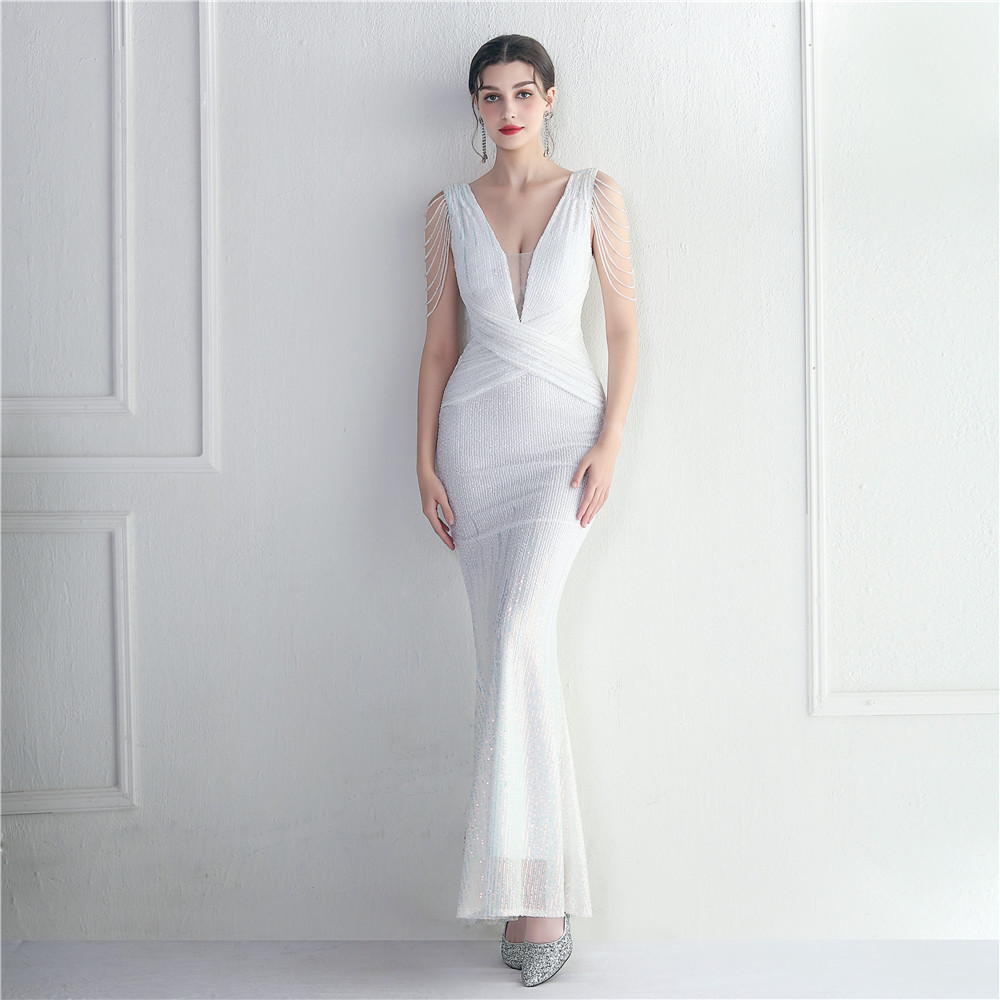 Women Beaded Sequin Maxi Mermaid Evening Gown