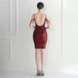Women Straps Beaded Sequined Strap Sexy Evening Dress