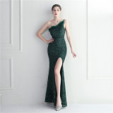 Women Slash Shoulder Sequined Dinner Party Maxi Evening Dress