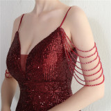 Women Straps Beaded Sequined Strap Sexy Evening Dress