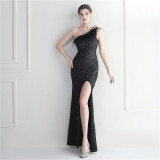 Women Slash Shoulder Sequined Dinner Party Maxi Evening Dress