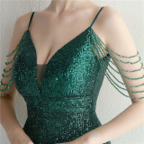 Women Straps Beaded Sequined Strap Sexy Evening Dress