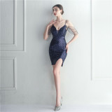 Women Straps Beaded Sequined Strap Sexy Evening Dress