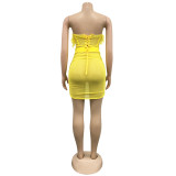 Solid Mesh See-Through Feather Lace-Up Strapless Tank Top Ruffled Midi Skirt Two Piece Set