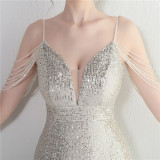 Women Straps Beaded Sequined Strap Sexy Evening Dress