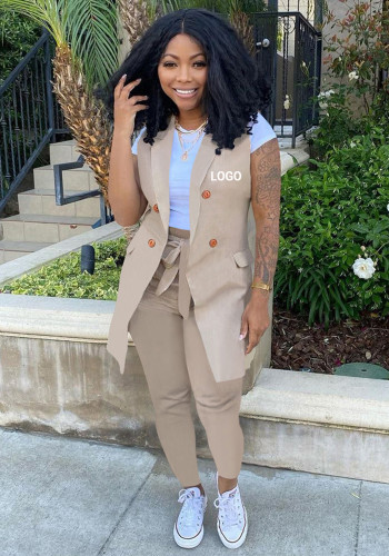 Custom Logo Women's Customized Printing Ol Office Two-Piece Solid Color Blazer Vest Jacket With Belt Pants Set