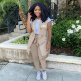 Custom Logo Women's Customized Printing Ol Office Two-Piece Solid Color Blazer Vest Jacket With Belt Pants Set