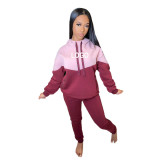 Custom Logo Women's Customized Printing Casual Patchwork Hooded Tracksuit Two-Piece Pants Set