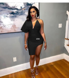 Custom Logo Women's Customized Printing Clothing Summer Stylish Backless V-Neck One Sleeve Slit Women's Customized Printing Dress