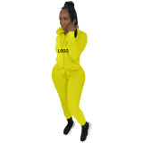 Custom Logo Women's Customized Printing Fashion Casual Sport Solid Zipper Hooded Tracksuit Two-Piece Pants Set