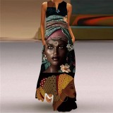Summer women's sleeveless dress v-neck printed face dress