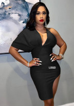 Custom Logo Women's Customized Printing Clothing Summer Stylish Backless V-Neck One Sleeve Slit Women's Customized Printing Dress Custom Logo Women's Customized Printing Clothing Summer Stylish Backless V-Neck One Sleeve Slit Women's Customized Printing Dress