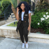 Custom Logo Women's Customized Printing Ol Office Two-Piece Solid Color Blazer Vest Jacket With Belt Pants Set
