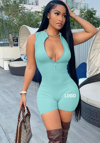 Custom Logo Women's Customized Printing Ribbed Zip Sleeveless Straight Cargo Shorts