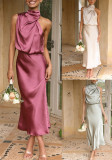 Summer Chic Women's Sleeveless Halter Neck Solid Satin Dress