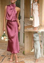 Summer Chic Women's Sleeveless Halter Neck Solid Satin Dress