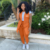 Custom Logo Women's Customized Printing Ol Office Two-Piece Solid Color Blazer Vest Jacket With Belt Pants Set