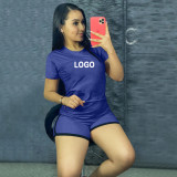Custom Logo Women's Customized Printing Fashion Casual Solid Color Sports Casual Two-Piece Shorts Set