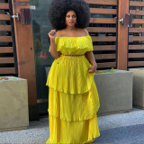 Dress Yellow Chiffon Off Shoulder Low Back Slim Beach Holidays Pleated Maxi Dress