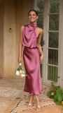 Summer Chic Women's Sleeveless Halter Neck Solid Satin Dress