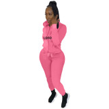 Custom Logo Women's Customized Printing Fashion Casual Sport Solid Zipper Hooded Tracksuit Two-Piece Pants Set