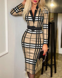 Autumn and winter fashion Plaid Print V-neck Bodycon long-sleeved sexy dress