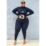 Custom Logo Women's Customized Printing Fall/Winter Plus Size Solid Color Turtleneck Casual Two-Piece Pants Set