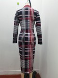 Autumn and winter fashion Plaid Print V-neck Bodycon long-sleeved sexy dress