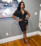 Custom Logo Women's Customized Printing Clothing Summer Stylish Backless V-Neck One Sleeve Slit Women's Customized Printing Dress