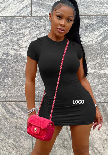 Custom Logo Women's Customized Printing Ribbed Solid Short Sleeve Bodycon Dress
