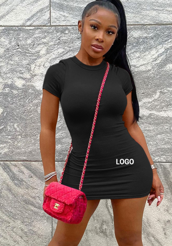 Custom Logo Women's Customized Printing Ribbed Solid Short Sleeve Bodycon Dress
