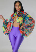 Women's Summer Lace-Up Printed Chiffon Shirt Bat Sleeves Top